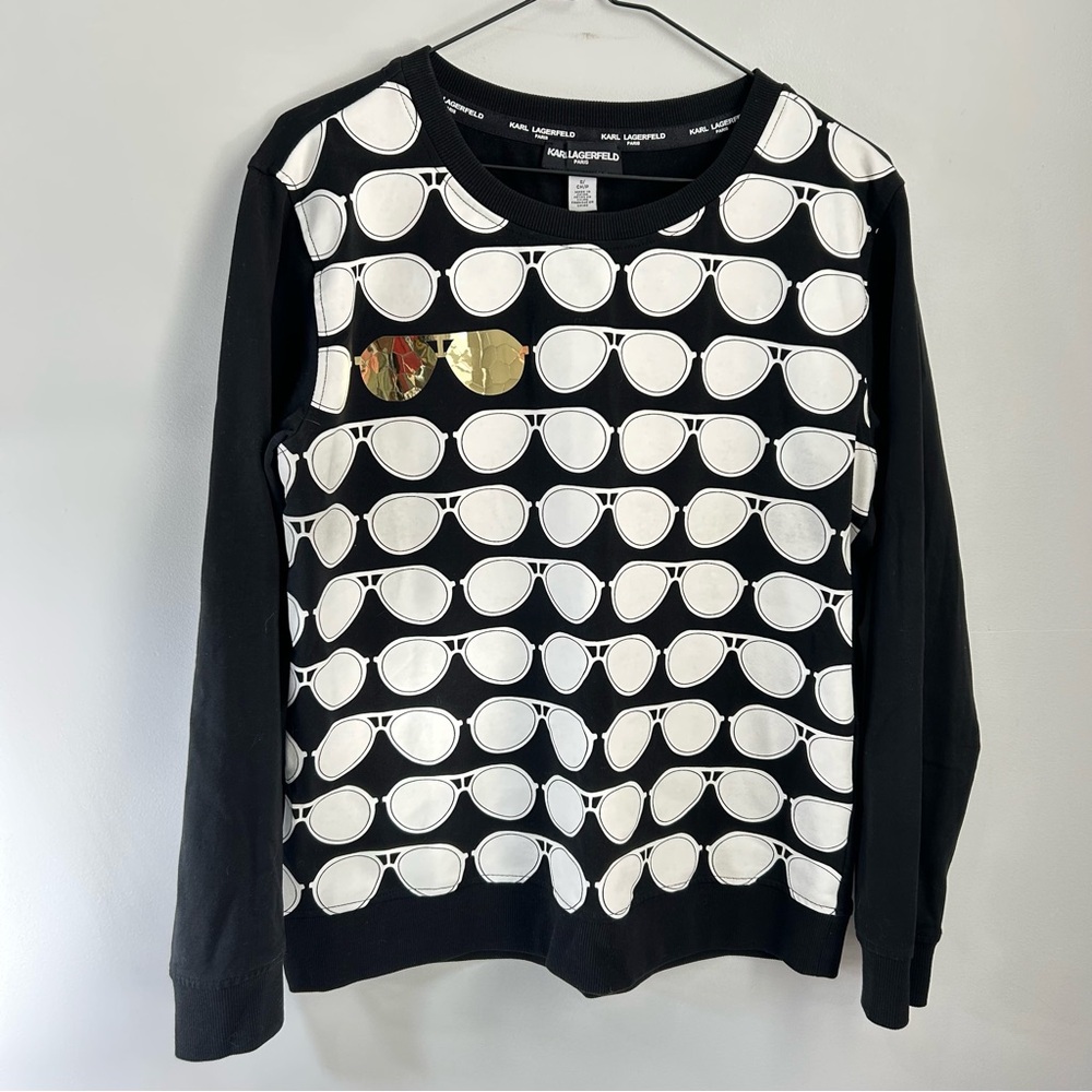Karl Lagerfeld All Over Print Pull Over Sweater Women Size Small Black Graphic
